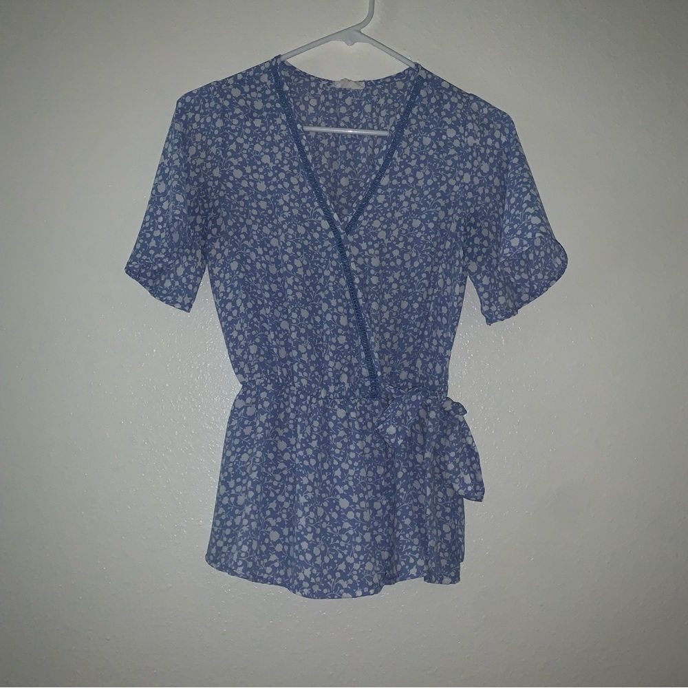 Floral Blue Wrap Top